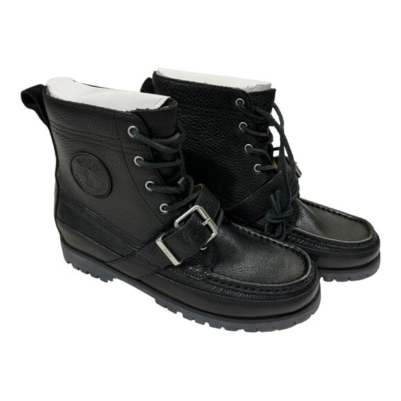 Polo Ralph Lauren Men's Ranger Tumbled Leather Boots Black Size 7.5 D New in Box - Picture 1 of 7